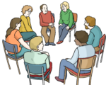 Illustration Gesprächsgruppe im Kreis sitzend